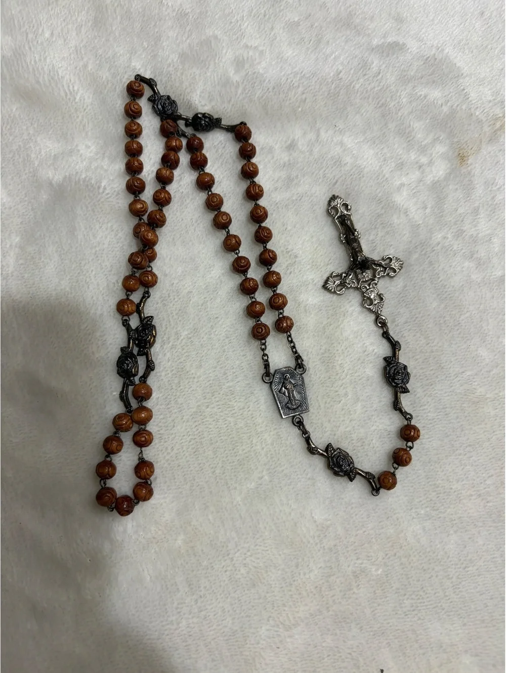 Set of 2 vintage rosaries wood and silver pleated St. Benedict wood bracelet